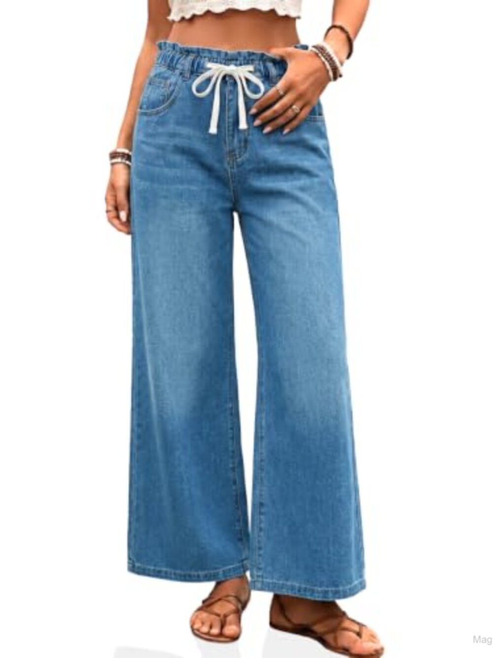 High Waisted Wide Leg Jeans with Drawstring Waist Stretch Denim